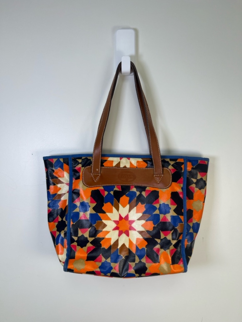 Fossil Geometric Pattern Orange Blue Pink Black Brown Large Women's Tote Purse